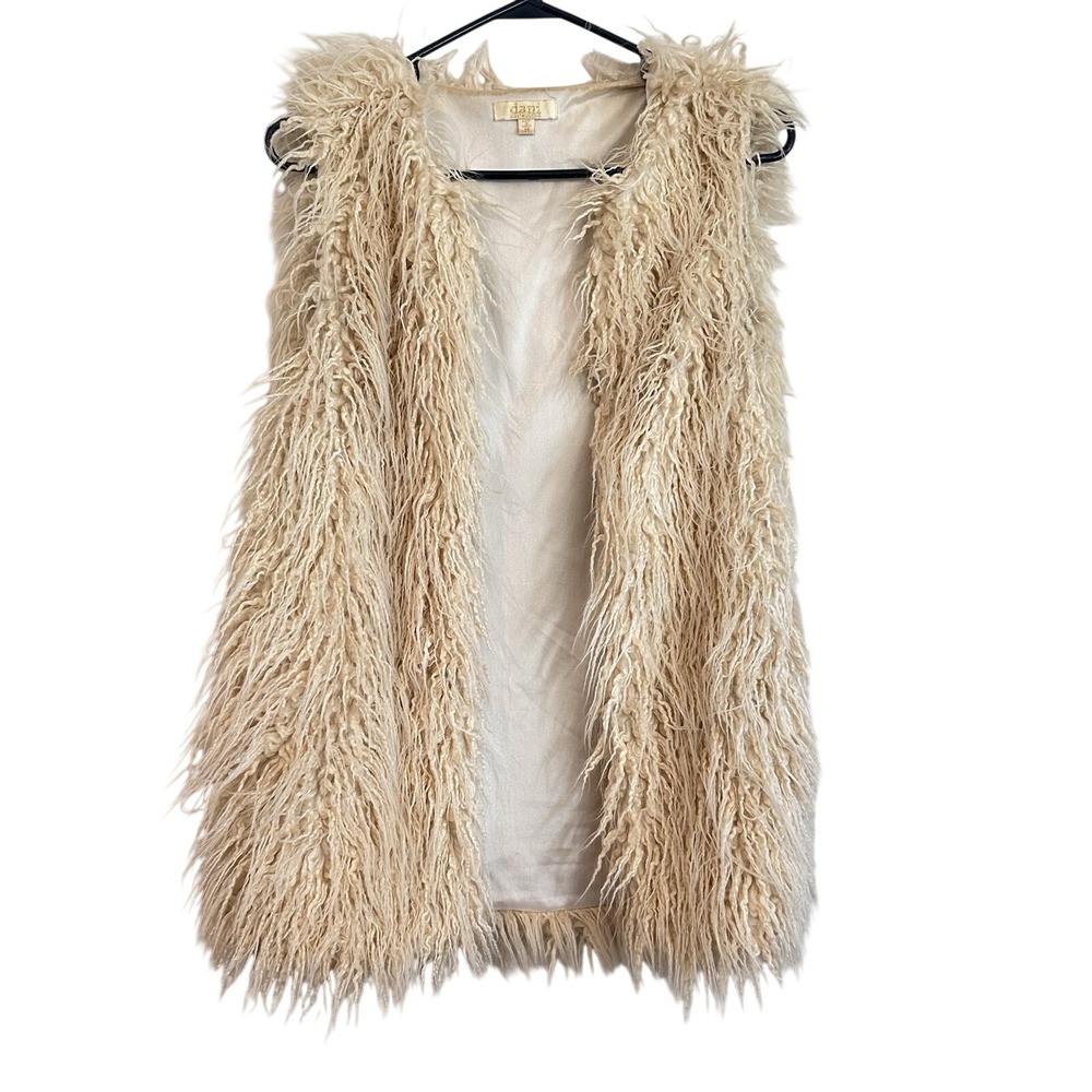 Dani Shaggy Vest Sz M Cardigan Boho Festival Western Open Front Ivory Cream